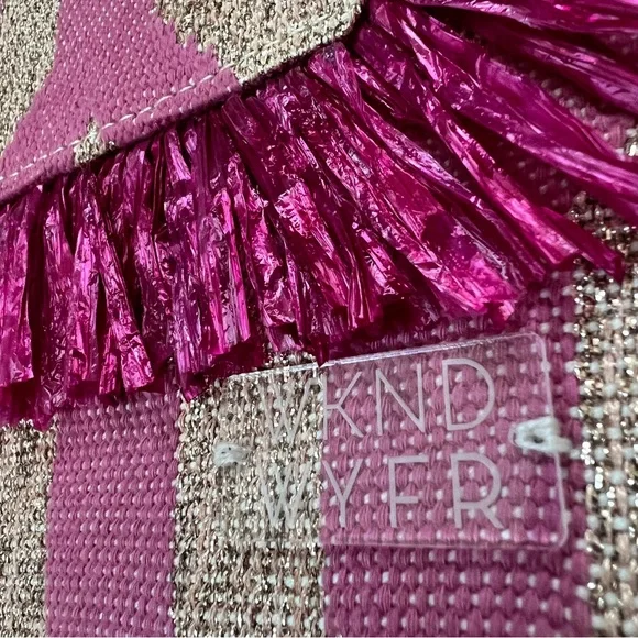 WKND WYFR Pink and Neutral Raffia Envelope Clutch with Gold Metallic Accents